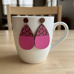 Hand Painted Pink Floral Teardrop Earrings Lightweight Statement Jewelry